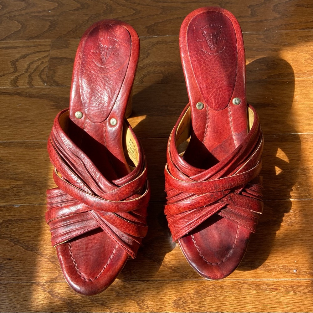 Frye Burnt Red Leather Reese Multi Slide Stacked Cone Heel slip on sandal 8.5